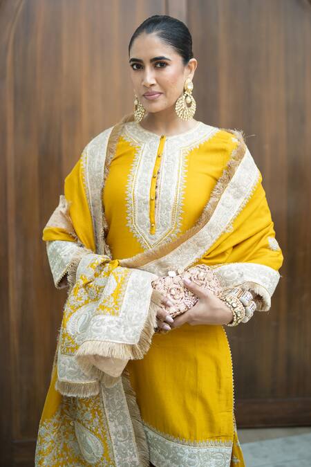 Buy_Sheetal Batra_Yellow Silk Chanderi Kashmiri Tilla Round Raina Embroidered Kurta Sharara Set _Online_at_Aza_Fashions