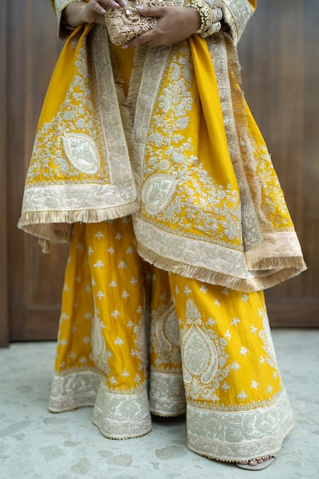Shop_Sheetal Batra_Yellow Silk Chanderi Kashmiri Tilla Round Raina Embroidered Kurta Sharara Set 