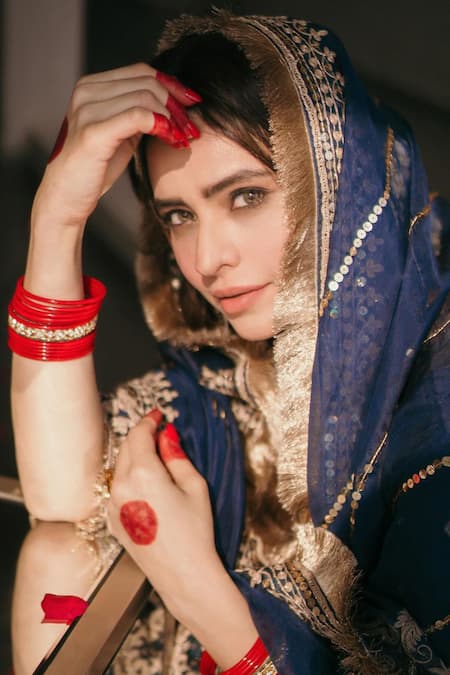 Buy_Sheetal Batra_Blue Silk Sequins V-neck Dori Embroidered Kurta Salwar Set _Online_at_Aza_Fashions