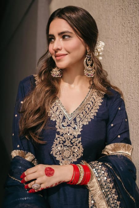 Sheetal Batra_Blue Silk Sequins V-neck Dori Embroidered Kurta Salwar Set _at_Aza_Fashions