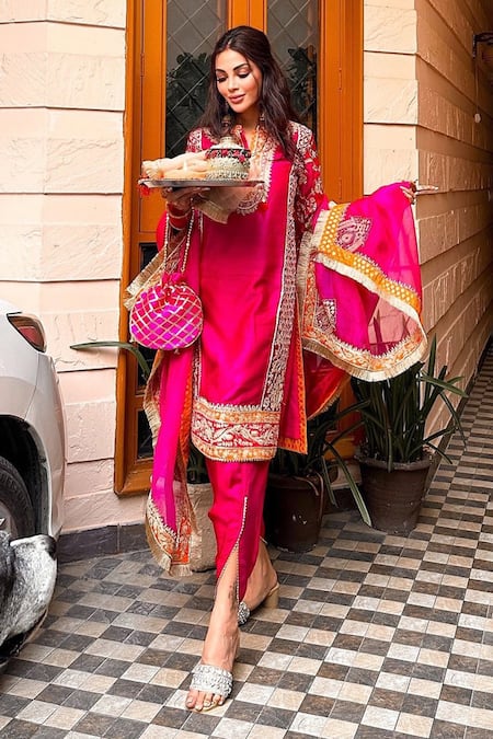 Buy_Sheetal Batra_Purple Dupatta Silk Organza, Kurta Chanderi Silk, Mehnoor Embroidered Set _Online_at_Aza_Fashions