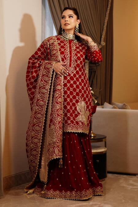 Buy Sheetal Batra Red Gharara Georgette, Kurta And Dupatta Raw Silk Geometric Embroidered Set Online at Aza Fashions Buy_Sheetal Batra_Red Gharara Georgette, Kurta And Dupatta Raw Silk Geometric Embroidered Set _Online_at_Aza_Fashions
