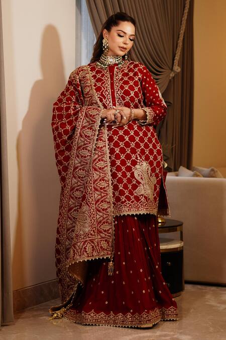 Shop Sheetal Batra Red Gharara Georgette, Kurta And Dupatta Raw Silk Geometric Embroidered Set Online at Aza Fashions Shop_Sheetal Batra_Red Gharara Georgette, Kurta And Dupatta Raw Silk Geometric Embroidered Set _Online_at_Aza_Fashions
