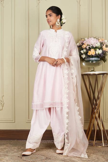 Buy_Sheetal Batra_Pink Dupatta Organza, Kurta Chanderi, Ruzena Embroidered Set _Online_at_Aza_Fashions