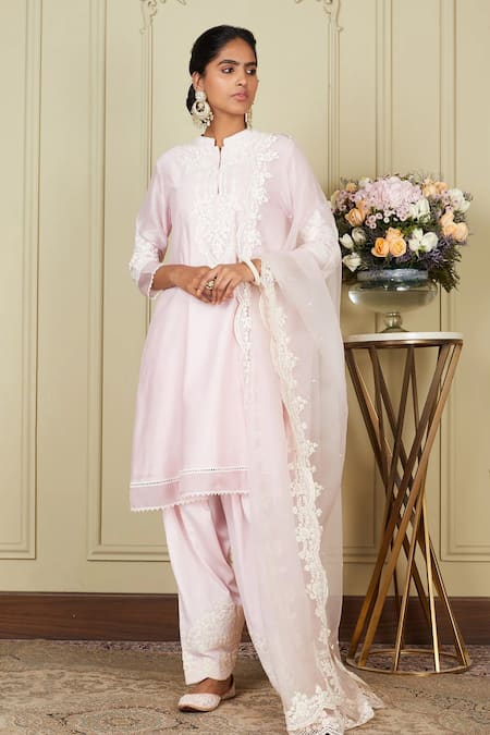 Shop_Sheetal Batra_Pink Dupatta Organza, Kurta Chanderi, Ruzena Embroidered Set _Online_at_Aza_Fashions