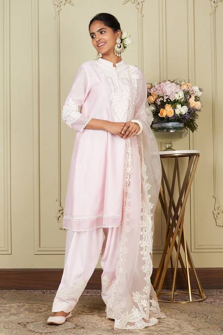 Sheetal Batra_Pink Dupatta Organza, Kurta Chanderi, Ruzena Embroidered Set _at_Aza_Fashions