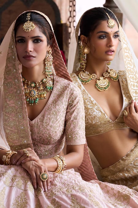 Sheetal Batra_Ivory Silk Organza Kiran Dori Plunge V Neck Embroidered Lehenga Set _Online_at_Aza_Fashions