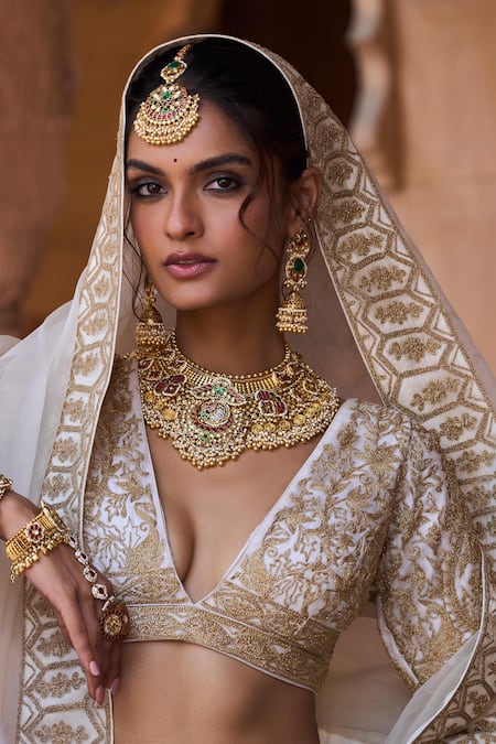 Shop_Sheetal Batra_Ivory Silk Organza Kiran Dori Plunge V Neck Embroidered Lehenga Set _Online_at_Aza_Fashions