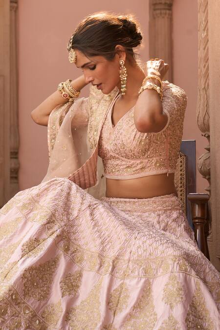 Shop Sheetal Batra Pink Silk Embroidery V-neck Kiran Dori Lehenga Set Shop_Sheetal Batra_Pink Silk Embroidery V-neck Kiran Dori Lehenga Set