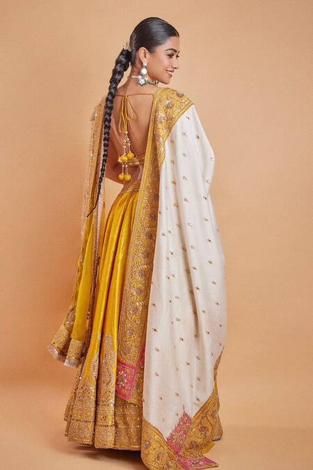 Buy_Sheetal Batra_Yellow Blouse And Lehenga Pure Raw Silk, Dupatta Amna Border Embroidered Set _Online_at_Aza_Fashions