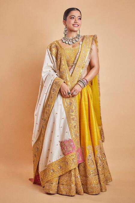 Shop_Sheetal Batra_Yellow Blouse And Lehenga Pure Raw Silk, Dupatta Amna Border Embroidered Set _Online_at_Aza_Fashions