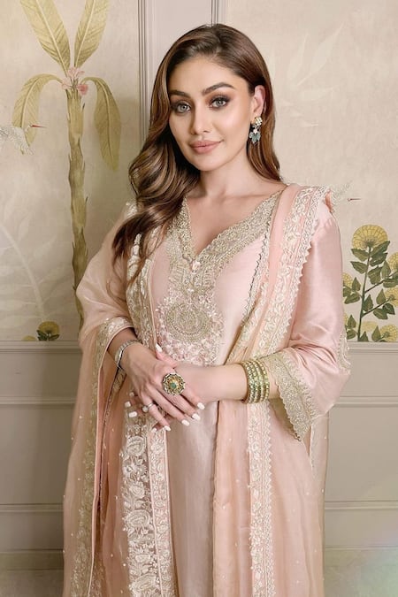 Shop_Sheetal Batra_Pink Chanderi , Organza Embroidery Floral Kashmiri Tilla Kurta Set _at_Aza_Fashions