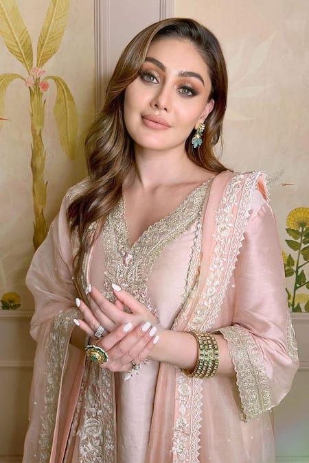 Buy_Sheetal Batra_Pink Chanderi , Organza Embroidery Floral Kashmiri Tilla Kurta Set _Online_at_Aza_Fashions