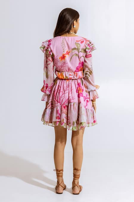 Shop Aroop Shop India Pink Chiffon V-neck Floral Printed Ruffled Hem Dress at Aza Fashions Shop_Aroop Shop India_Pink Chiffon V-neck Floral Printed Ruffled Hem Dress _at_Aza_Fashions