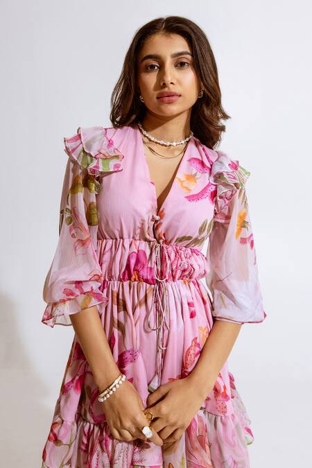 Shop Aroop Shop India Pink Chiffon V-neck Floral Printed Ruffled Hem Dress Online at Aza Fashions Shop_Aroop Shop India_Pink Chiffon V-neck Floral Printed Ruffled Hem Dress _Online_at_Aza_Fashions