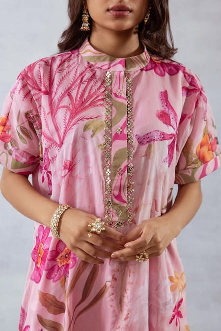 Aroop Shop India Pink Recycled Chiffon Floral Band Collar Print Kurta And Pant Set Online at Aza Fashions Aroop Shop India_Pink Recycled Chiffon Floral Band Collar Print Kurta And Pant Set _Online_at_Aza_Fashions