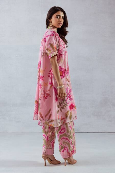 Buy Aroop Shop India Pink Recycled Chiffon Floral Band Collar Print Kurta And Pant Set Online at Aza Fashions Buy_Aroop Shop India_Pink Recycled Chiffon Floral Band Collar Print Kurta And Pant Set _Online_at_Aza_Fashions