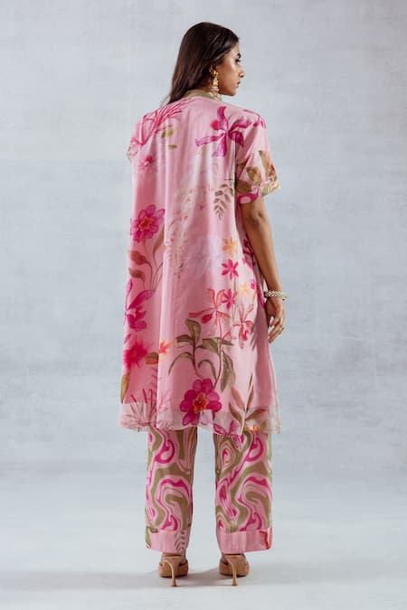 Shop Aroop Shop India Pink Recycled Chiffon Floral Band Collar Print Kurta And Pant Set at Aza Fashions Shop_Aroop Shop India_Pink Recycled Chiffon Floral Band Collar Print Kurta And Pant Set _at_Aza_Fashions