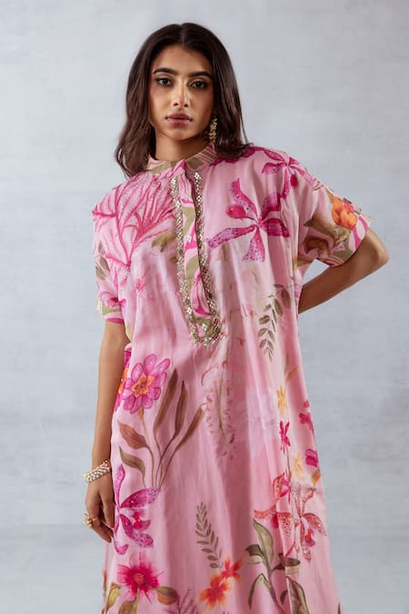 Shop Aroop Shop India Pink Recycled Chiffon Floral Band Collar Print Kurta And Pant Set Online at Aza Fashions Shop_Aroop Shop India_Pink Recycled Chiffon Floral Band Collar Print Kurta And Pant Set _Online_at_Aza_Fashions