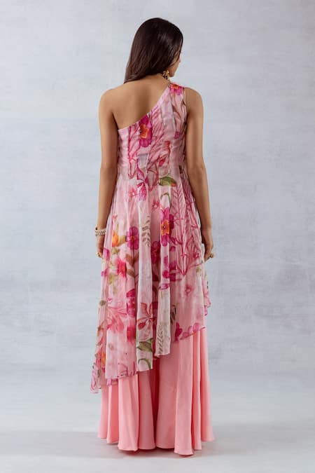 Aroop Shop India Floral Print One-Shoulder Kurta & Flared Pant Set 