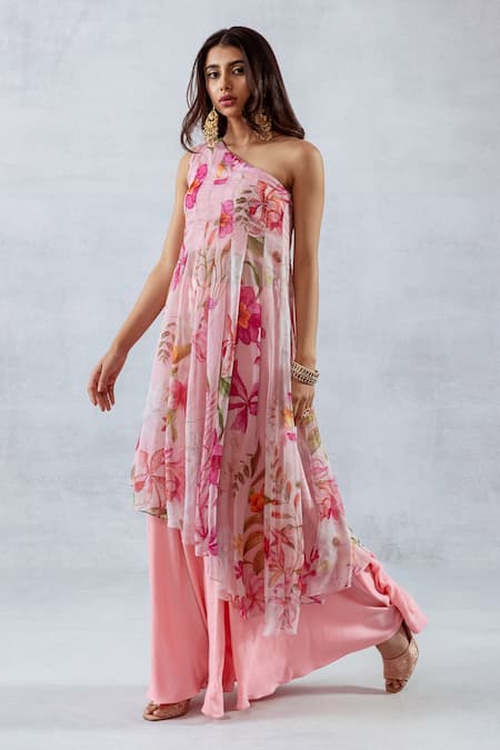 Buy_Aroop Shop India_Pink Recycled Chiffon Floral Print One-shoulder Kurta And Flared Pant Set _Online_at_Aza_Fashions