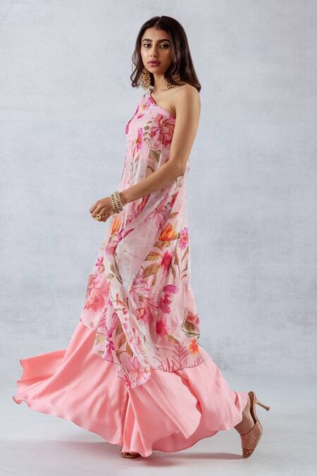 Shop_Aroop Shop India_Pink Recycled Chiffon Floral Print One-shoulder Kurta And Flared Pant Set _Online_at_Aza_Fashions