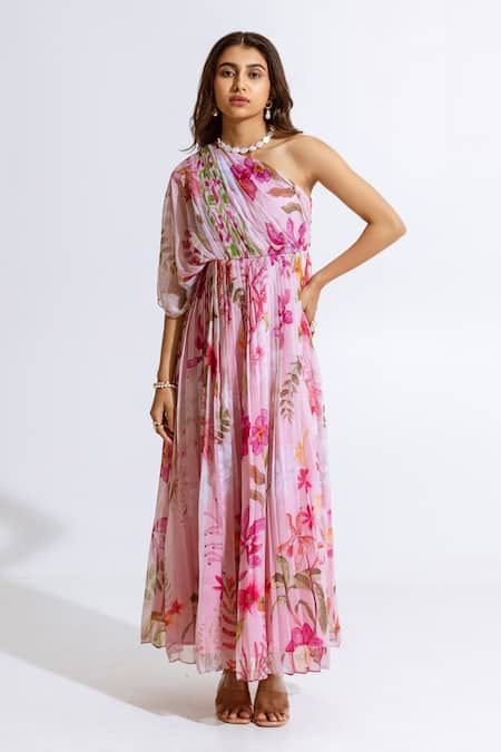 Aroop Shop India_Pink Chiffon One Shoulder Floral Print Maxi Dress _Online_at_Aza_Fashions