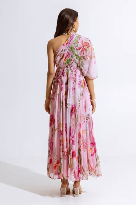 Shop_Aroop Shop India_Pink Chiffon One Shoulder Floral Print Maxi Dress _at_Aza_Fashions