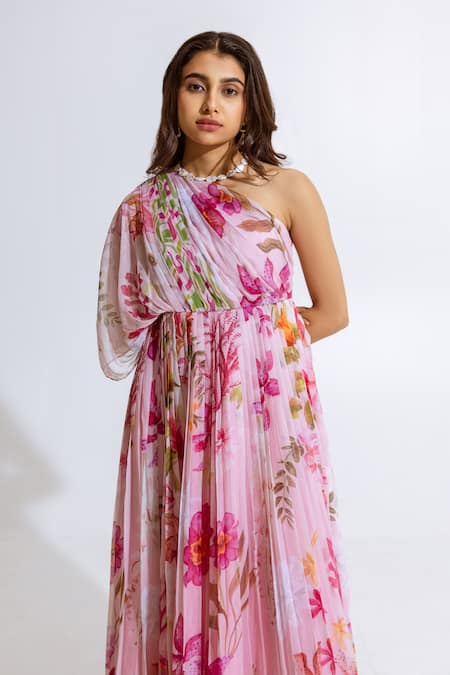 Buy_Aroop Shop India_Pink Chiffon One Shoulder Floral Print Maxi Dress _Online_at_Aza_Fashions