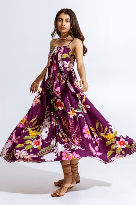 Aroop Shop India_Purple Moss Floral Square Print Maxi Dress _Online_at_Aza_Fashions