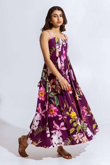Buy_Aroop Shop India_Purple Moss Floral Square Print Maxi Dress _Online_at_Aza_Fashions