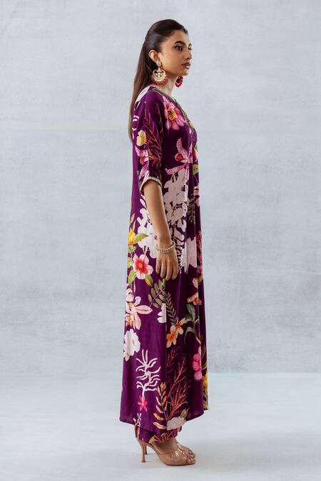 Aroop Shop India_Purple Modal Lace Round Neck Floral Printed Kurta And Pant Set _Online_at_Aza_Fashions