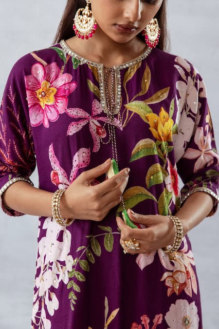 Buy_Aroop Shop India_Purple Modal Lace Round Neck Floral Printed Kurta And Pant Set _Online_at_Aza_Fashions