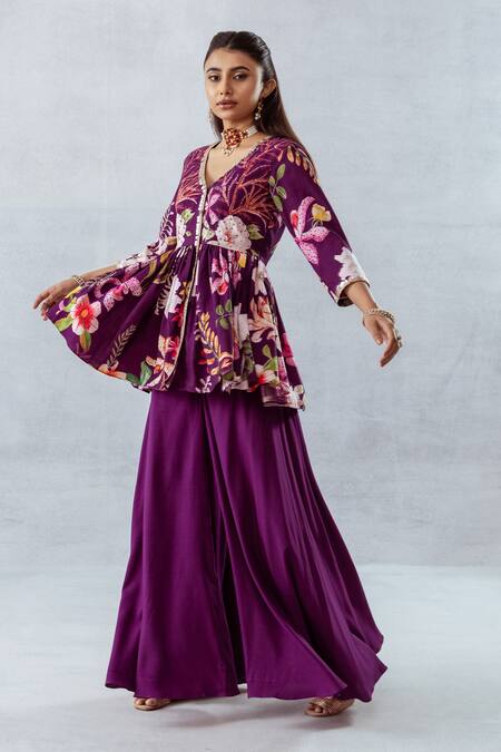 Aroop Shop India Purple Moss Floral V Neck Print Peplum Kurta And Flared Pant Set Online at Aza Fashions Aroop Shop India_Purple Moss Floral V Neck Print Peplum Kurta And Flared Pant Set _Online_at_Aza_Fashions