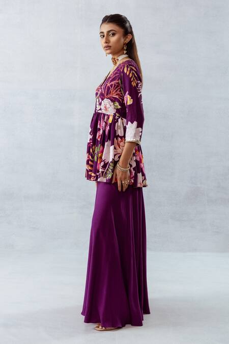 Buy Aroop Shop India Purple Moss Floral V Neck Print Peplum Kurta And Flared Pant Set Online at Aza Fashions Buy_Aroop Shop India_Purple Moss Floral V Neck Print Peplum Kurta And Flared Pant Set _Online_at_Aza_Fashions