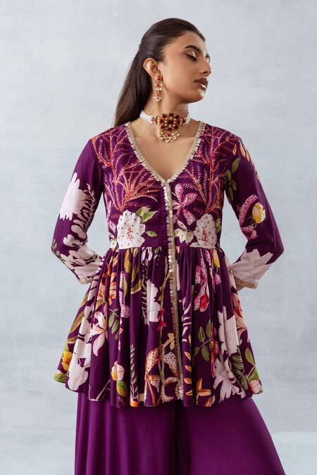 Shop Aroop Shop India Purple Moss Floral V Neck Print Peplum Kurta And Flared Pant Set Online at Aza Fashions Shop_Aroop Shop India_Purple Moss Floral V Neck Print Peplum Kurta And Flared Pant Set _Online_at_Aza_Fashions