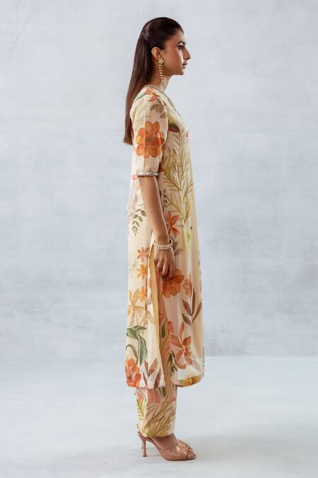 Aroop Shop India Beige Recycled Chiffon Floral V Neck Print Lace Embroidered Kurta And Pant Set Online at Aza Fashions Aroop Shop India_Beige Recycled Chiffon Floral V Neck Print Lace Embroidered Kurta And Pant Set _Online_at_Aza_Fashions