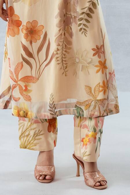 Buy Aroop Shop India Beige Recycled Chiffon Floral V Neck Print Lace Embroidered Kurta And Pant Set Online at Aza Fashions Buy_Aroop Shop India_Beige Recycled Chiffon Floral V Neck Print Lace Embroidered Kurta And Pant Set _Online_at_Aza_Fashions