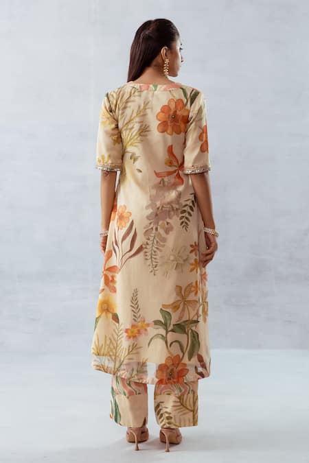 Shop Aroop Shop India Beige Recycled Chiffon Floral V Neck Print Lace Embroidered Kurta And Pant Set at Aza Fashions Shop_Aroop Shop India_Beige Recycled Chiffon Floral V Neck Print Lace Embroidered Kurta And Pant Set _at_Aza_Fashions