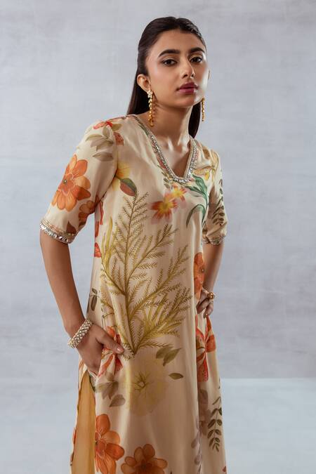 Shop Aroop Shop India Beige Recycled Chiffon Floral V Neck Print Lace Embroidered Kurta And Pant Set Online at Aza Fashions Shop_Aroop Shop India_Beige Recycled Chiffon Floral V Neck Print Lace Embroidered Kurta And Pant Set _Online_at_Aza_Fashions