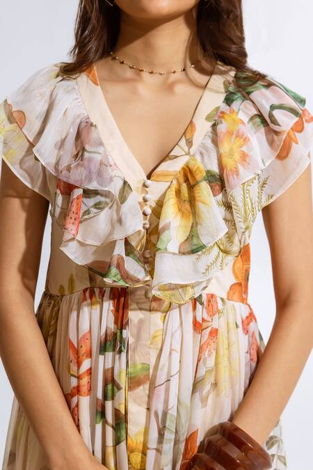 Aroop Shop India Beige Recycled Chiffon Floral V Neck Print Maxi Dress Online at Aza Fashions Aroop Shop India_Beige Recycled Chiffon Floral V Neck Print Maxi Dress _Online_at_Aza_Fashions