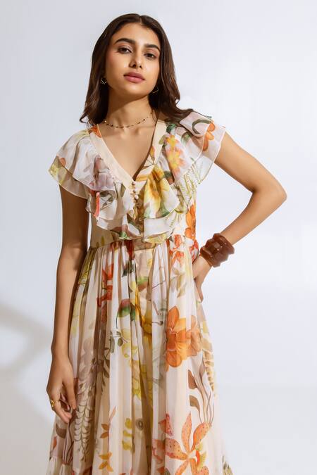 Buy Aroop Shop India Beige Recycled Chiffon Floral V Neck Print Maxi Dress Online at Aza Fashions Buy_Aroop Shop India_Beige Recycled Chiffon Floral V Neck Print Maxi Dress _Online_at_Aza_Fashions