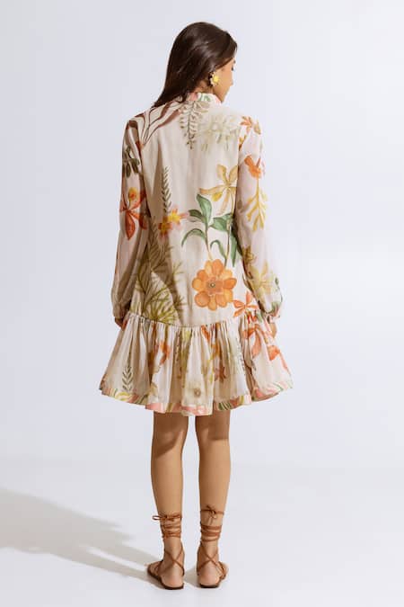 Shop Aroop Shop India Beige Chiffon V-neck Floral Printed Short Dress at Aza Fashions Shop_Aroop Shop India_Beige Chiffon V-neck Floral Printed Short Dress _at_Aza_Fashions