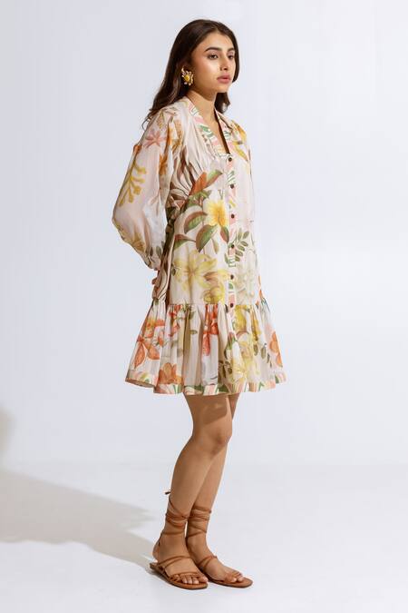 Aroop Shop India Beige Chiffon V-neck Floral Printed Short Dress Online at Aza Fashions Aroop Shop India_Beige Chiffon V-neck Floral Printed Short Dress _Online_at_Aza_Fashions