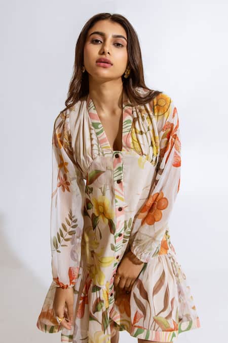 Buy Aroop Shop India Beige Chiffon V-neck Floral Printed Short Dress Online at Aza Fashions Buy_Aroop Shop India_Beige Chiffon V-neck Floral Printed Short Dress _Online_at_Aza_Fashions