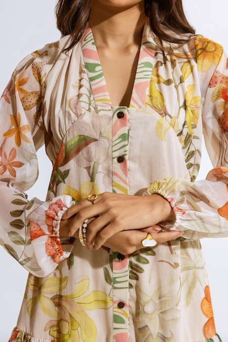 Shop Aroop Shop India Beige Chiffon V-neck Floral Printed Short Dress Online at Aza Fashions Shop_Aroop Shop India_Beige Chiffon V-neck Floral Printed Short Dress _Online_at_Aza_Fashions