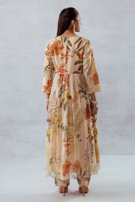 Shop Aroop Shop India Beige Recycled Chiffon Floral Leaf Print Anarkali And Pant Set at Aza Fashions Shop_Aroop Shop India_Beige Recycled Chiffon Floral Leaf Print Anarkali And Pant Set _at_Aza_Fashions