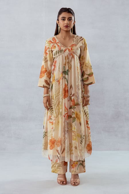 Aroop Shop India Beige Recycled Chiffon Floral Leaf Print Anarkali And Pant Set Online at Aza Fashions Aroop Shop India_Beige Recycled Chiffon Floral Leaf Print Anarkali And Pant Set _Online_at_Aza_Fashions
