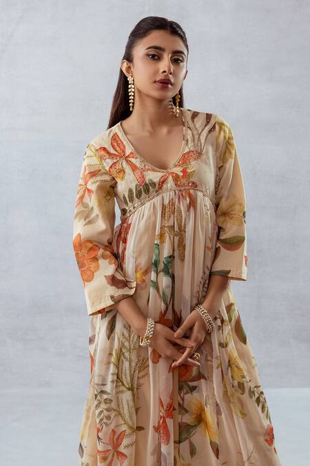 Buy Aroop Shop India Beige Recycled Chiffon Floral Leaf Print Anarkali And Pant Set Online at Aza Fashions Buy_Aroop Shop India_Beige Recycled Chiffon Floral Leaf Print Anarkali And Pant Set _Online_at_Aza_Fashions