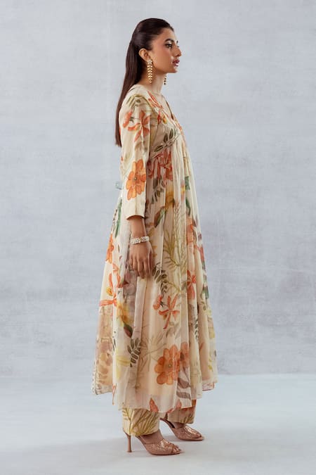 Shop Aroop Shop India Beige Recycled Chiffon Floral Leaf Print Anarkali And Pant Set Online at Aza Fashions Shop_Aroop Shop India_Beige Recycled Chiffon Floral Leaf Print Anarkali And Pant Set _Online_at_Aza_Fashions